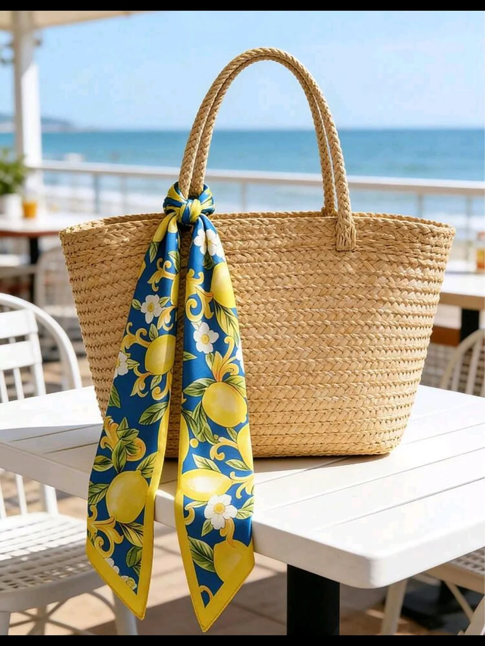 Blue & Yellow Lemon Print Scarf - Picture 4 of 4